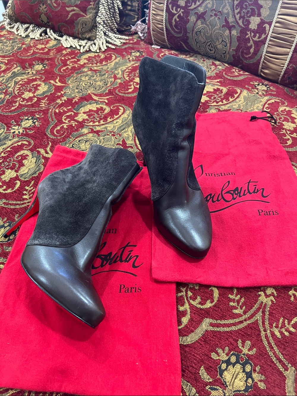 Christian Louboutin Brown Leather and Suede Mid-Calf Pointed Boots